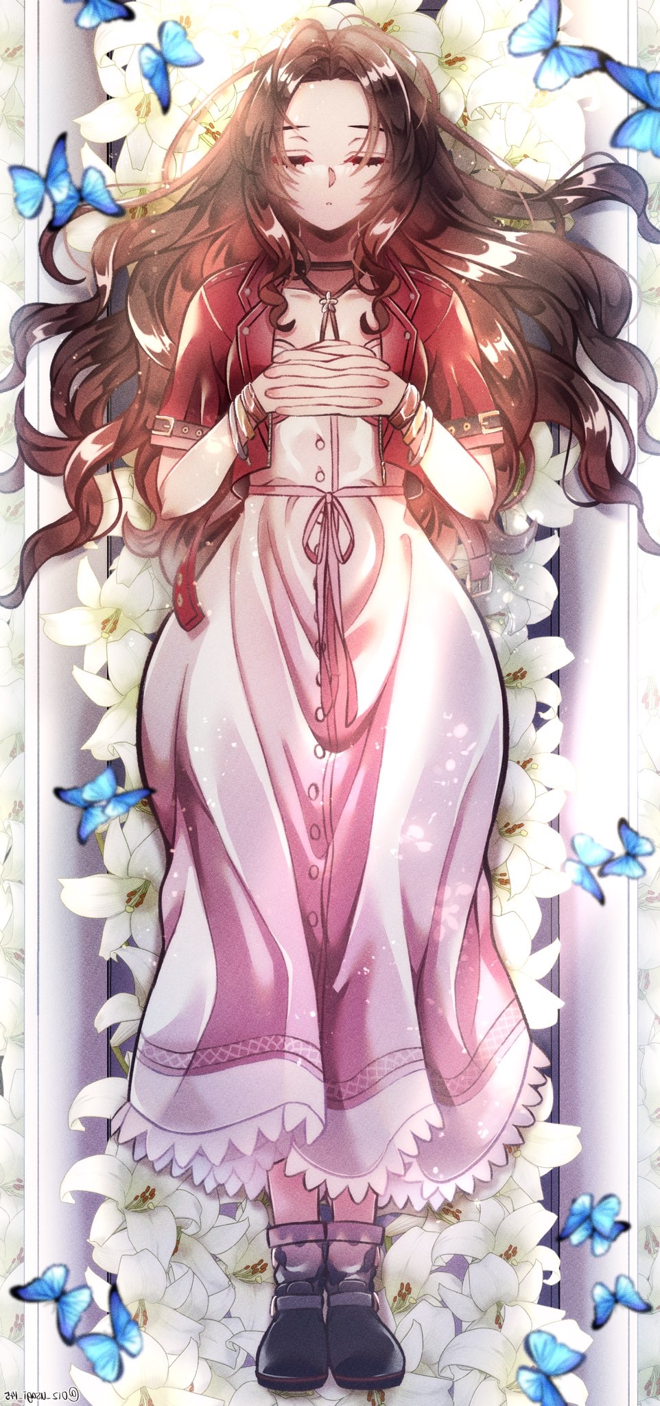 012_usagi 1girl aerith_gainsborough bangle blue_butterfly boots bracelet breasts brown_footwear bug butterfly buttons choker closed_eyes cropped_jacket dress final_fantasy final_fantasy_vii final_fantasy_vii_rebirth final_fantasy_vii_remake flower flower_bed flower_choker full_body highres jacket jewelry lily_(flower) long_dress long_hair lying medium_breasts on_back own_hands_clasped own_hands_together parted_bangs pink_dress red_jacket short_sleeves sidelocks sleeping snow_white solo wavy_hair yellow_flower