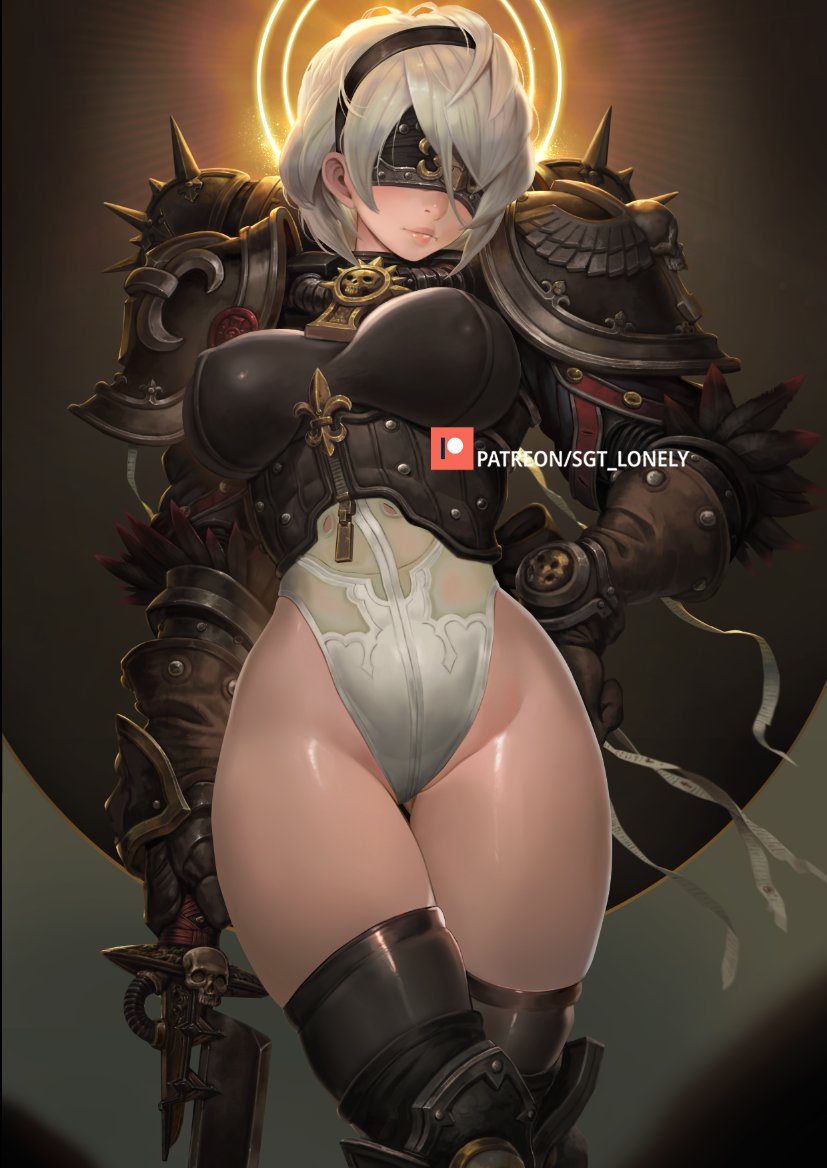 1girl 2b_(nier:automata) adapted_costume adepta_sororitas alternate_breast_size armor ass_visible_through_thighs black_blindfold black_corset black_footwear black_thighhighs blindfold boobplate boots breasts commentary corset covered_eyes crossover english_commentary feather-trimmed_sleeves gauntlets halo hand_up holding holding_sword holding_weapon impossible_clothes jetpack knee_pads large_breasts leotard lips narrow_waist nier:automata nier_(series) no_mole paid_reward_available patreon_username pauldrons sgt_lonely short_hair shoulder_armor solo spikes sword thigh_gap thighhighs thighhighs_under_boots thighs warhammer_40k watermark weapon white_hair white_leotard