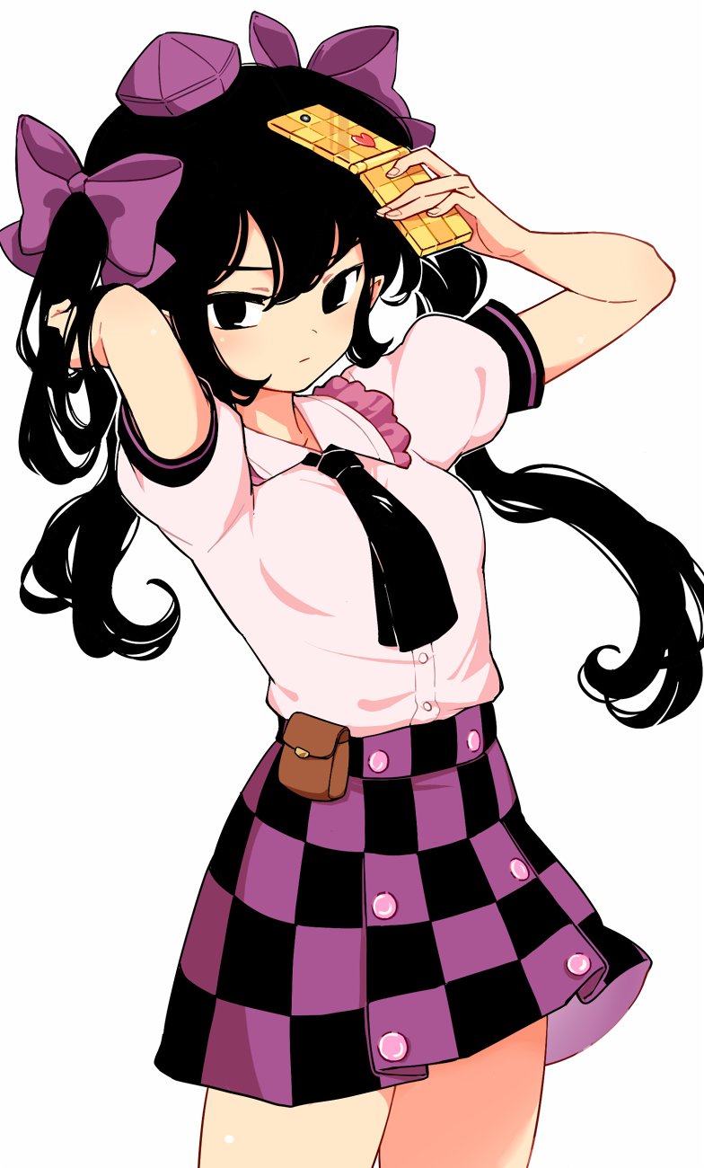 1girl adjusting_hair black_hair black_necktie bow buttons cowboy_shot hair_bow hat highres himekaidou_hatate holding holding_phone looking_at_viewer maguro_(mawaru_sushi) necktie phone plaid plaid_skirt puffy_short_sleeves puffy_sleeves purple_bow purple_headwear short_sleeves skirt solo tokin_hat touhou twintails white_background
