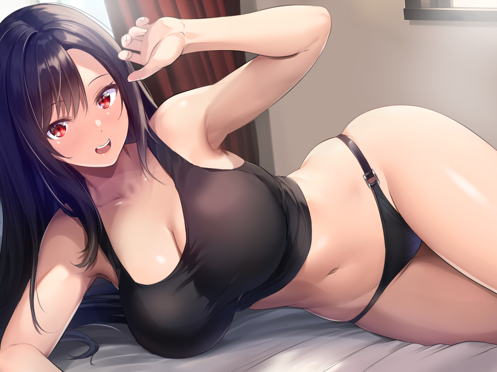 1girl armpits black_hair black_panties black_tank_top breasts final_fantasy final_fantasy_vii indoors large_breasts long_hair looking_at_viewer lying maki_(seventh_heaven_maxion) navel on_bed on_side open_mouth panties red_eyes round_teeth solo tank_top teeth tifa_lockhart underwear upper_teeth_only very_long_hair