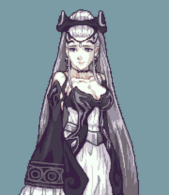 black_choker black_dress black_tiara blue_eyes breasts choker cleavage commission commissioner_upload dress earrings eir_(fire_emblem) fire_emblem fire_emblem_heroes frilled_sleeves frills game_boy_advance glaceo handheld_game_console jewelry long_hair long_sleeves medium_breasts pixel_art ponytail sidelocks sprite sprite_art tiara very_long_hair white_dress white_hair