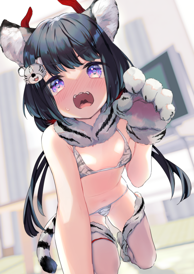 1girl animal_ears animal_hands animal_print bikini black_hair blush byakko commentary_request embarrassed flat_chest fur_collar gloves hair_ornament hairpin kanro_ame_(ameko) kneeling low_twintails open_mouth original paw_gloves purple_eyes sweat sweatdrop swimsuit tail thighhighs tiger tiger_ears tiger_girl tiger_hair_ornament tiger_paws tiger_print tiger_stripes tiger_tail twintails white_tiger