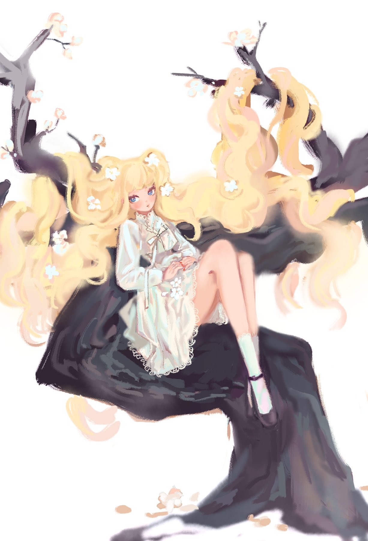 1girl absurdly_long_hair agoh3 animal_ears black_footwear blonde_hair blue_eyes cat_ears closed_mouth dress flower full_body hair_flower hair_ornament hanbok highres in_tree knees_up korean_clothes lace-trimmed_dress lace_trim leaning_back long_hair long_sleeves looking_at_viewer nail_polish own_hands_together puffy_long_sleeves puffy_sleeves red_nails seeu simple_background sitting socks solo tree very_long_hair vocaloid white_background white_dress white_flower white_socks