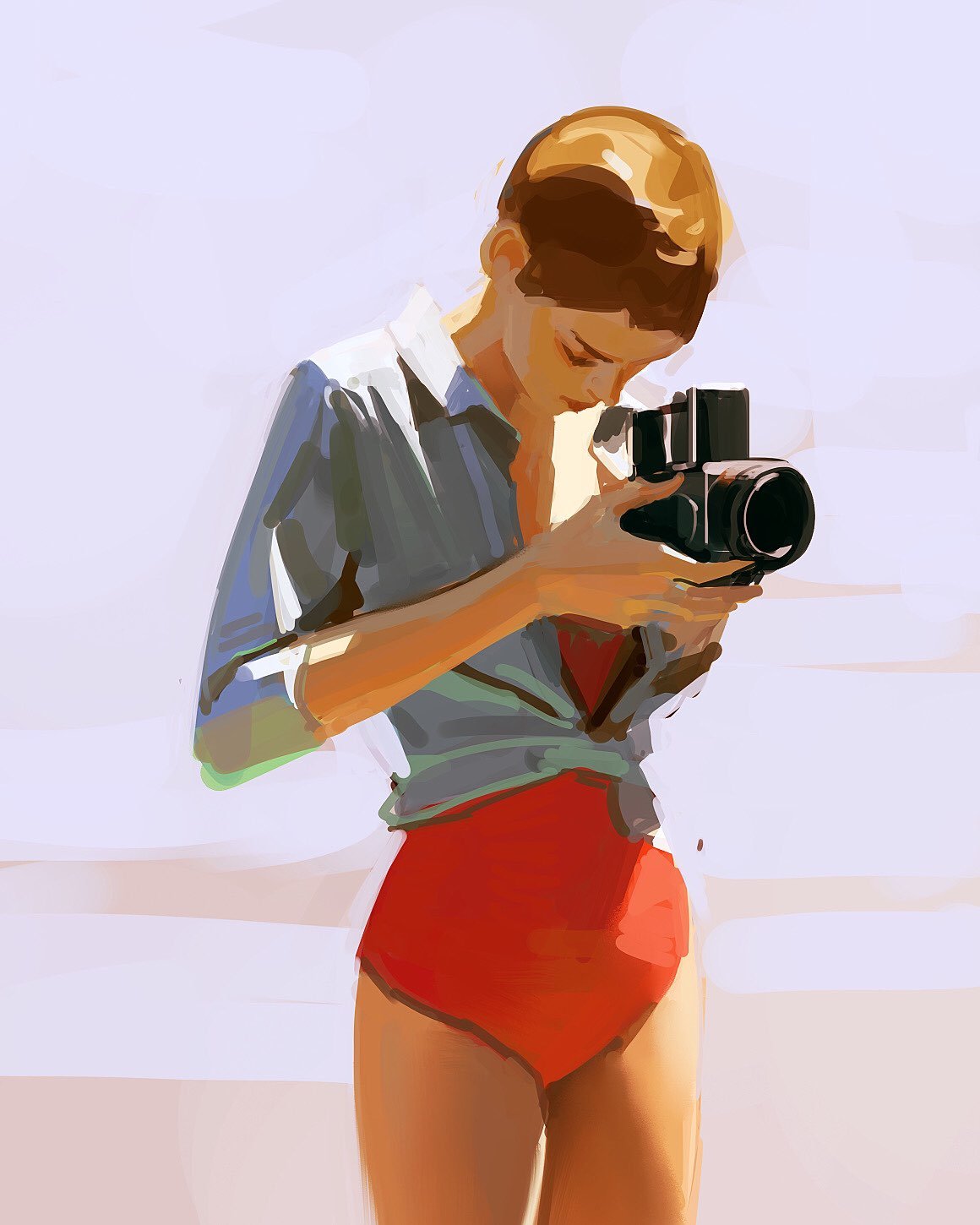 1girl brown_hair camera closed_mouth collared_shirt cowboy_shot faux_traditional_media grey_background highres holding holding_camera long_sleeves one-piece_swimsuit original photo-referenced shirt short_hair simple_background sketch smile solo standing swimsuit swimsuit_under_clothes taking_picture very_short_hair white_shirt yuming_li