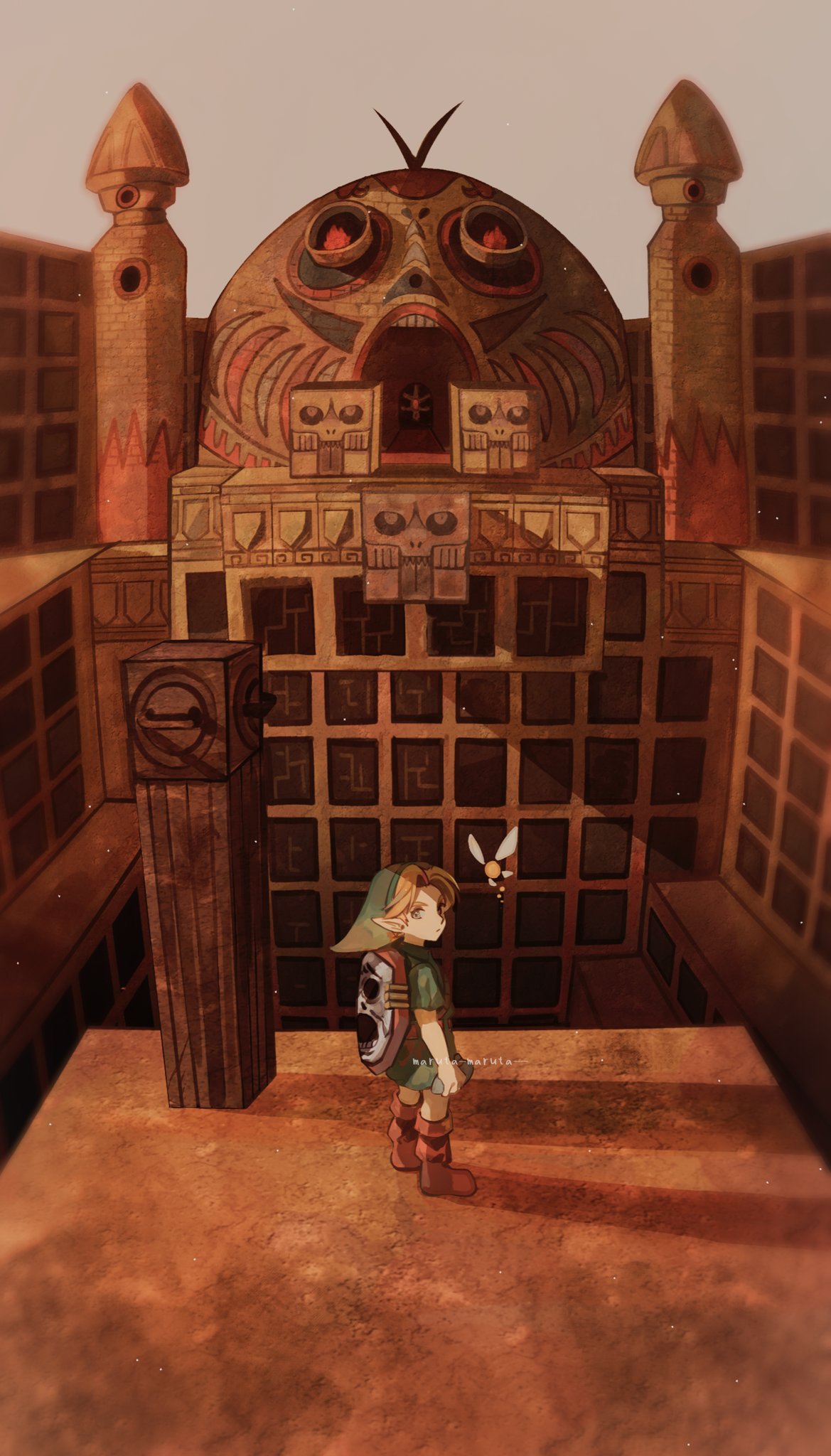 1boy artist_name blonde_hair boots brown_footwear building commentary_request fairy floating from_above full_body green_tunic highres link maruta_maruta outdoors shadow solo standing stone_tower_temple_(majora's_mask) tatl temple the_legend_of_zelda the_legend_of_zelda:_majora's_mask twitter_username