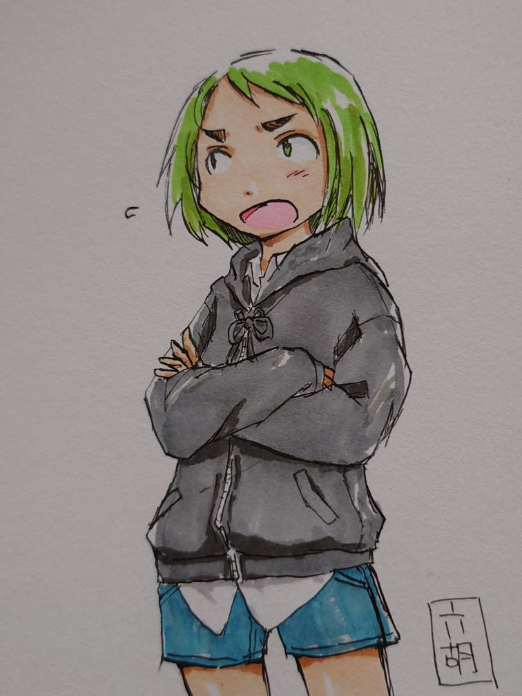 1girl artist_logo blue_shorts commentary crossed_arms denim english_commentary green_eyes green_hair grey_jacket inktober jacket looking_to_the_side open_mouth original roccolue shirt short_hair short_shorts shorts simple_background solo standing traditional_media white_background white_shirt