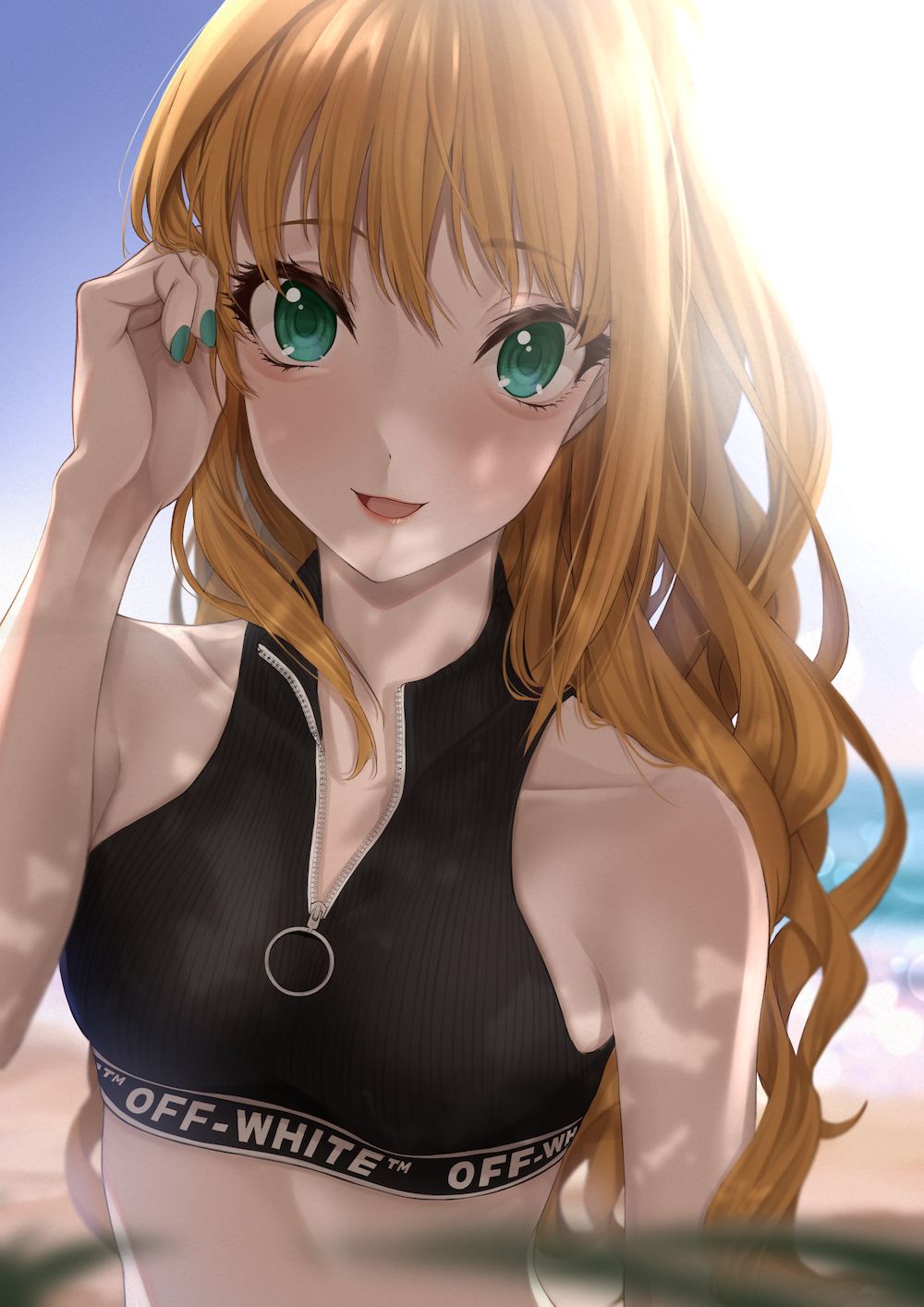 1girl beach blurry blurry_foreground blush breasts depth_of_field fingernails green_eyes highres hino_akane_(idolmaster) idolmaster idolmaster_cinderella_girls long_hair looking_at_viewer nail_polish orange_hair outdoors small_breasts smile solo sunlight upper_body very_long_hair wasabi_(mecha_karai) zipper_pull_tab