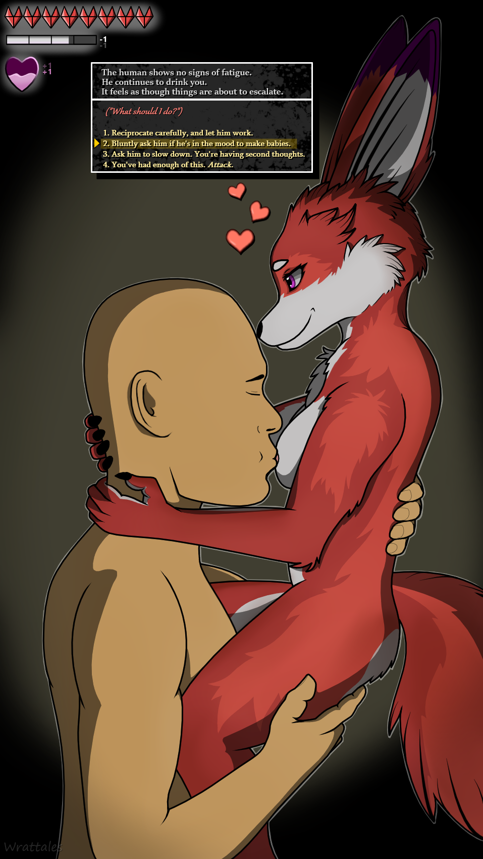 &lt;3 2d_(artwork) anthro bedroom_eyes big_ears blizzard_entertainment breast_play breast_suck breasts canid canine caressing choice_question dialogue_box duo embrace female female_on_human fennec fluffy fluffy_tail foreplay fox fur gameplay_mechanics gui health_bar hi_res holding_leg holding_up_other_character human human_on_anthro imminent_sex inner_monologue interspecies intimate larger_male looking_at_another looking_at_partner looking_pleasured male male/female male_on_anthro mammal multicolored_body multicolored_fur narration narrowed_eyes nipple_fetish nipple_play nuzzling red_body red_fur roleplay romantic seductive shaded simple_background simple_coloring simple_shading size_difference small_breasts smaller_female smile sucking tail two_tone_body two_tone_fur user_interface vulpera warcraft wrattales2022