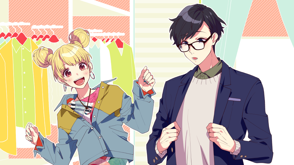 1boy 1girl :d adjusting_clothes black-framed_eyewear black_eyes black_hair blonde_hair blue_jacket breast_pocket brown_eyes brown_jacket clothes clothes_hanger collared_shirt commentary_request couple double_bun earrings fingernails glasses green_shirt hair_bun hoop_earrings husband_and_wife jacket jewelry kokuhaku_jikkou_iinkai lapels long_sleeves looking_at_another looking_at_viewer lower_teeth_only mister_darling_(honeyworks) multicolored_background multicolored_clothes multicolored_jacket multicolored_nails multicolored_shirt nail_polish narumi_ayako narumi_yuusuke notched_lapels open_mouth partially_unbuttoned pink_shirt pocket rectangular_eyewear shirt short_hair smile suit_jacket sweater teeth two-tone_jacket white_shirt white_sweater yamako_(state_of_children)