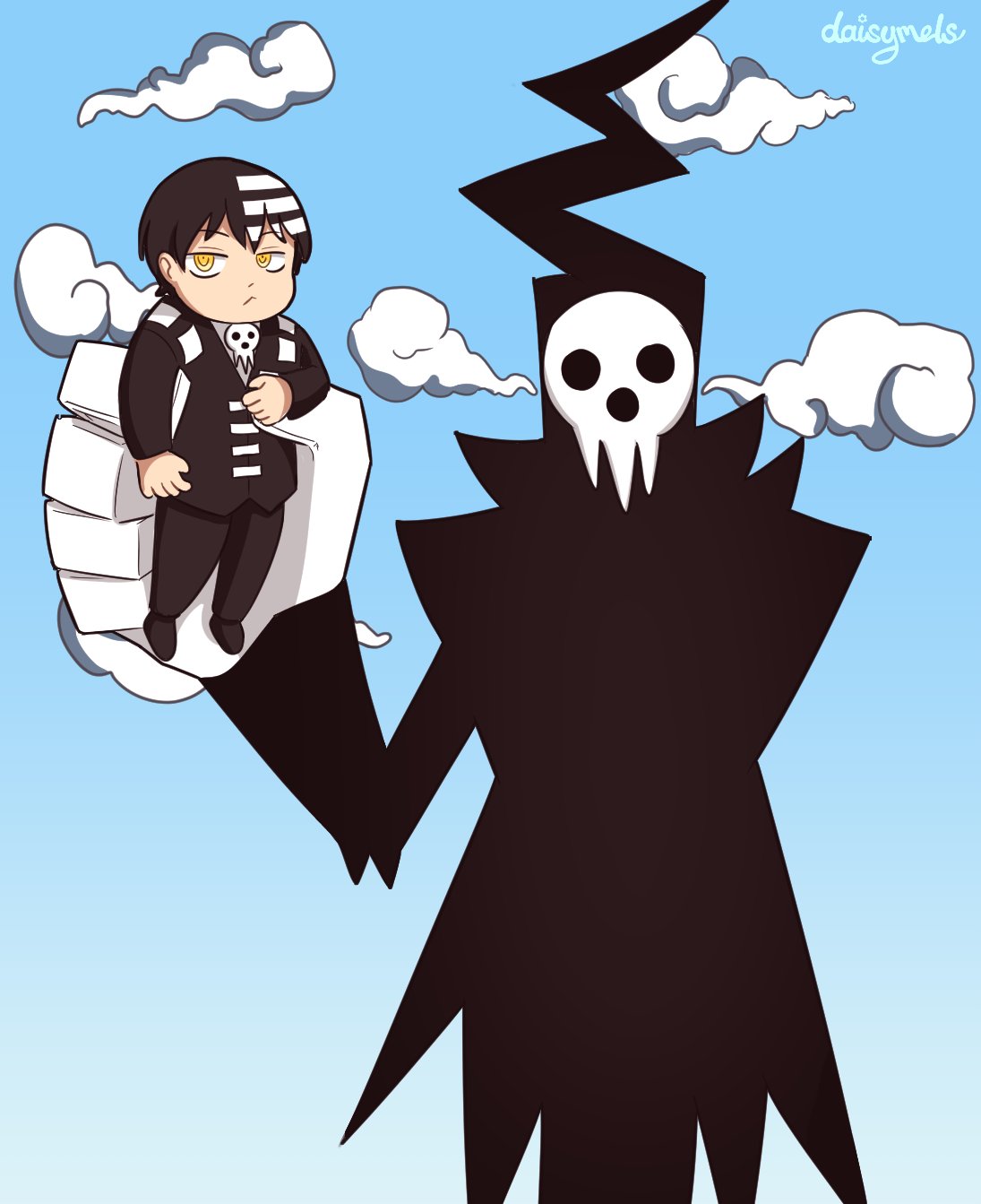 2boys :&lt; aged_down artist_name black_footwear black_hair black_suit blue_sky cloud daisymels death_the_kid father_and_son hand_up highres how_to_hold_my_baby_redraw_(meme) long_sleeves male_focus meme monster multiple_boys photo-referenced shinigami shinigami-sama short_hair sky soul_eater standing suit yellow_eyes