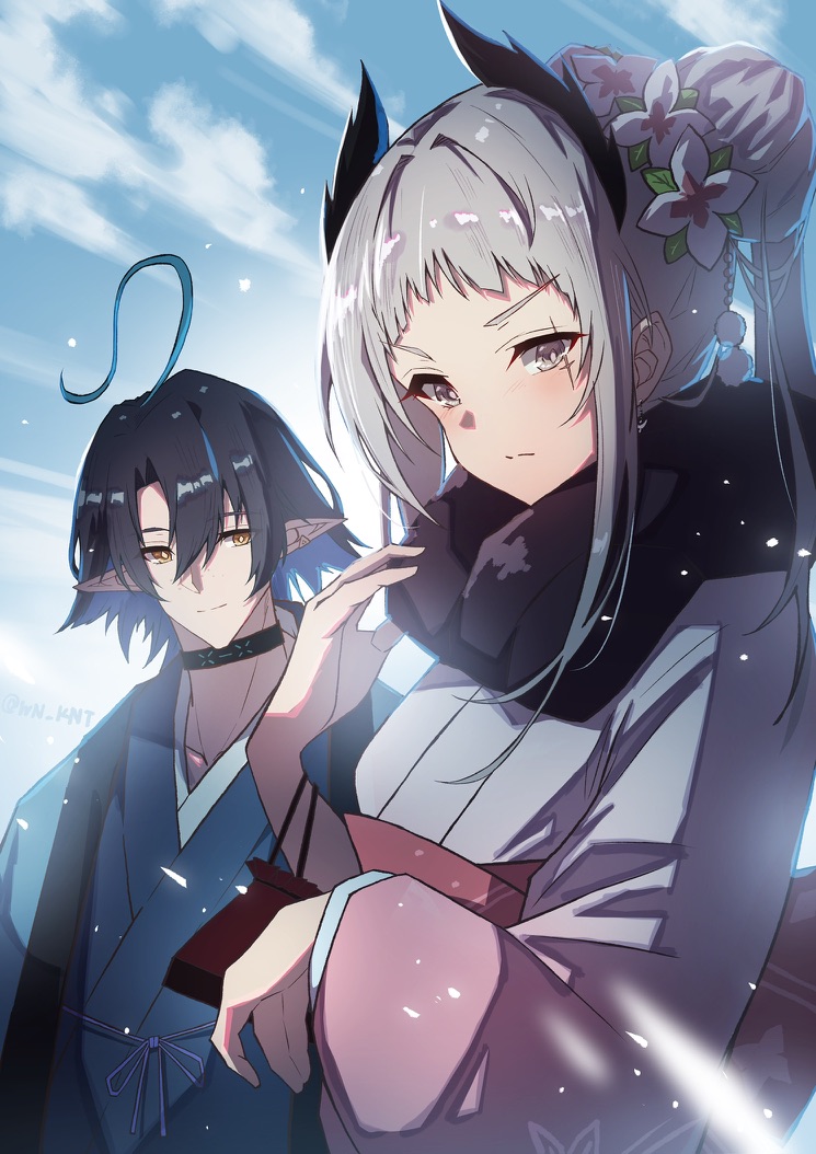 1boy 1girl ahoge alternate_costume alternate_hairstyle arknights black_hair blue_hair blue_kimono blue_sky blush cloud colored_inner_hair commentary_request feather_hair frown gradient_kimono grey_eyes grey_hair grey_kimono hair_bun infection_monitor_(arknights) irene_(arknights) japanese_clothes kimono looking_at_another looking_at_viewer lumen_(arknights) multicolored_hair outdoors pink_kimono pointy_ears scar scar_across_eye sky smile wn_(wani-noko) yellow_eyes