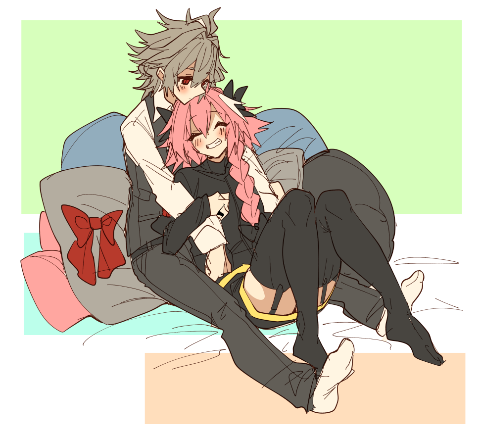 2boys ^_^ ahoge arm_on_another's_shoulder astolfo_(fate) black_bow black_pants black_sweater black_thighhighs blush bow braid closed_eyes closed_mouth cuddling dress_shirt fang fate/apocrypha fate_(series) garter_straps grey_hair grey_pants grey_vest grin hair_bow hair_intakes haoro hug large_bow long_braid long_hair long_sleeves male_focus messy_hair multicolored_hair multiple_boys no_shoes on_pillow otoko_no_ko pants pillow pink_hair red_bow red_eyes shirt short_hair sieg_(fate) single_braid sitting smile socks streaked_hair sweater thighhighs two-tone_hair vest waistcoat white_hair white_shirt white_socks yaoi