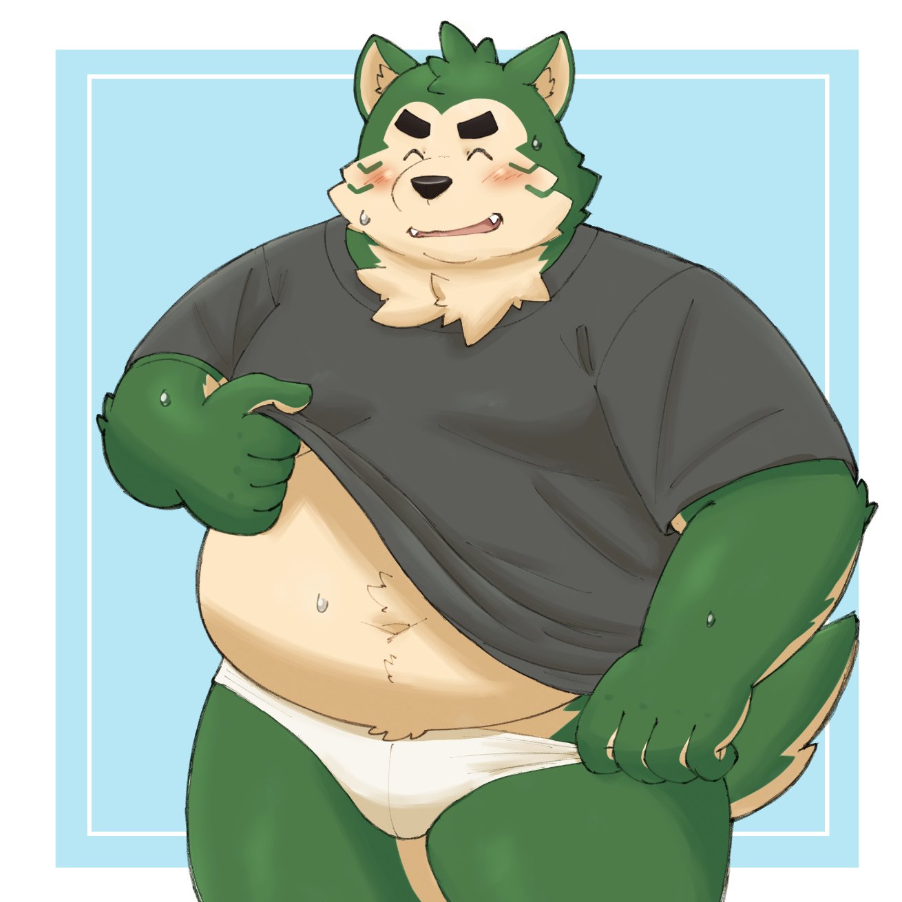 2024 anthro belly big_belly blush bulge canid canine canis clothed clothing clothing_lift domestic_dog eyes_closed hi_res kemono lifewonders live_a_hero male mammal mokdai navel overweight overweight_male shirt shirt_lift simple_background solo topwear underwear yaki_atsuage