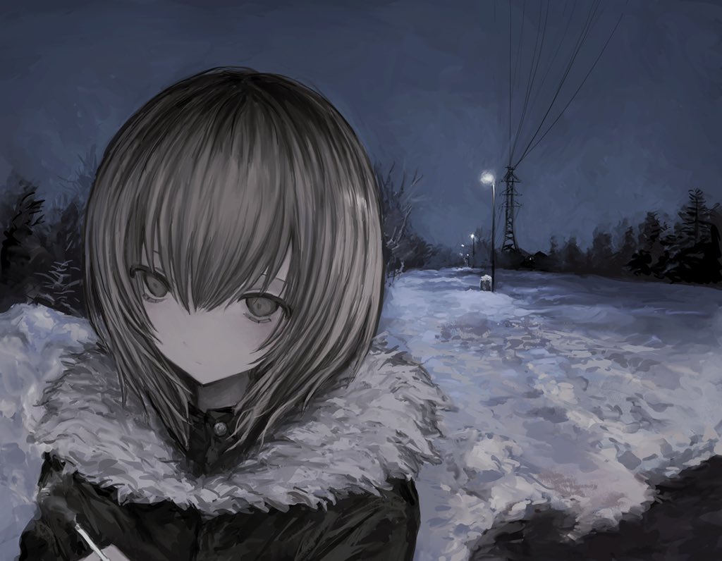 1girl black_coat chan8016 cigarette coat expressionless fur-trimmed_coat fur_trim grey_eyes grey_hair holding holding_cigarette lamppost medium_hair night original outdoors pale_skin power_lines scenery smoke snow solo winter_clothes winter_coat