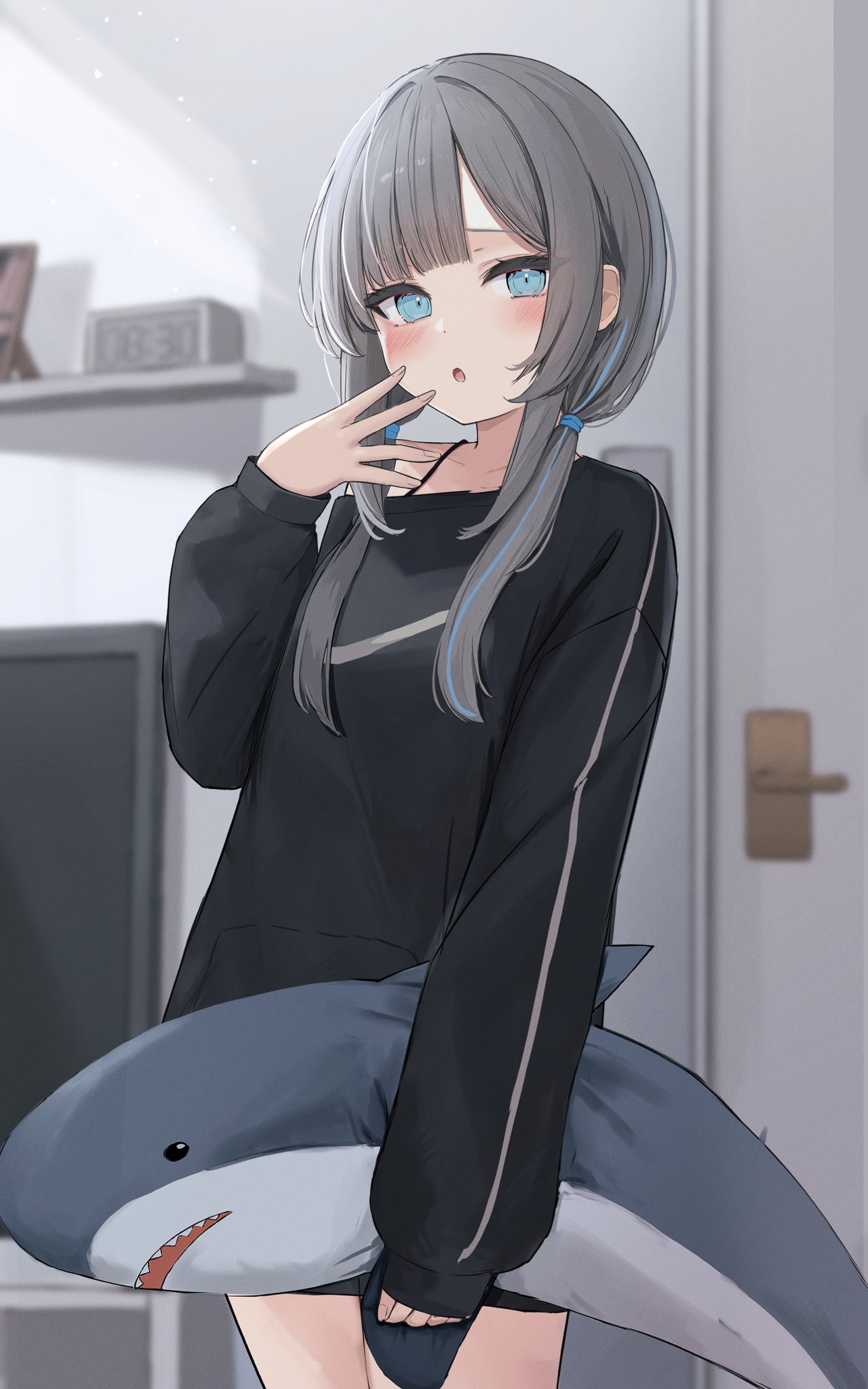 1girl :o black_shirt blue_eyes blue_hair blush clock digital_clock door dot_nose grey_hair hand_to_own_mouth highres holding holding_stuffed_toy hugging_object ikea_shark indoors long_bangs long_hair long_sleeves looking_at_viewer low_twintails multicolored_hair no_pants open_mouth original shelf shirt sidelocks sleeves_past_wrists solo streaked_hair stuffed_animal stuffed_shark stuffed_toy tanshio television twintails