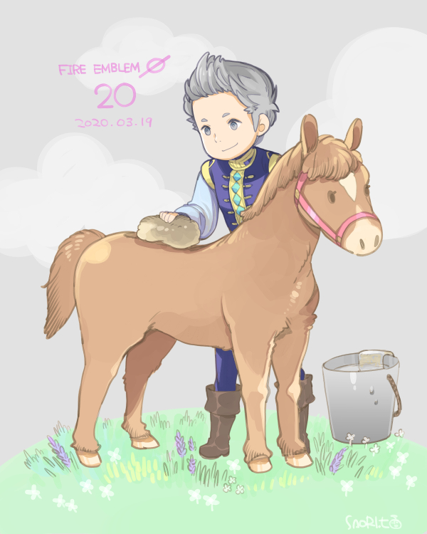 1boy age_regression aged_down bucket bucket_of_water fire_emblem fire_emblem_cipher fire_emblem_fates grey_eyes grey_hair holding holding_sponge horse male_focus quiff silas_(fire_emblem) smile sponge toyota_saori