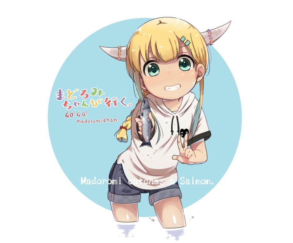 1girl animal blonde_hair fish green_eyes holding holding_animal holding_fish hood hoodie horns looking_at_viewer madoromi-chan madoromi-chan_ga_iku. nekopantsu_(blt) ponytail salmon shorts smile solo v wading water