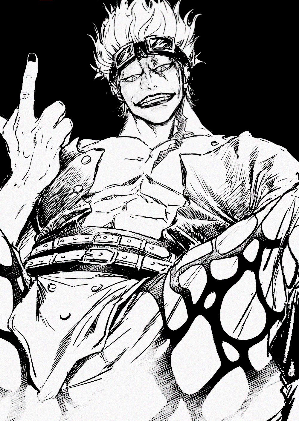 1boy abs belt chief_(chiefvinsmoke) commentary_request eustass_kid goggles highres lipstick looking_at_viewer makeup male_focus middle_finger monochrome muscular muscular_male nail_polish one_piece pants pectorals scar scar_on_face shirt short_hair sitting smirk solo teeth