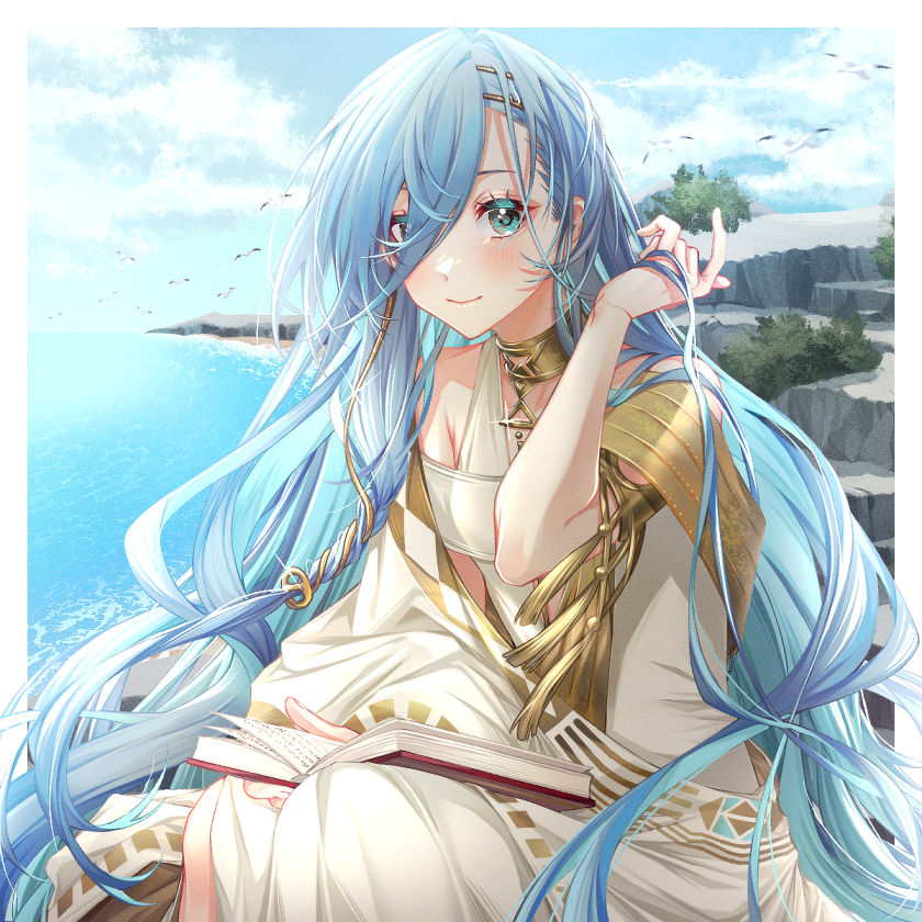 1girl 37_(reverse:1999) adjusting_hair ancient_greek_clothes armlet beach bird blue_eyes blue_hair blue_sky book book_on_lap border cliff closed_mouth cloud cowboy_shot gold_choker greco-roman_clothes hair_over_one_eye hand_up holding holding_hair long_hair looking_at_viewer ocean open_book outdoors outside_border reverse:1999 seagull sieka_(piiroinardesco) sitting sky smile solo toga very_long_hair white_border