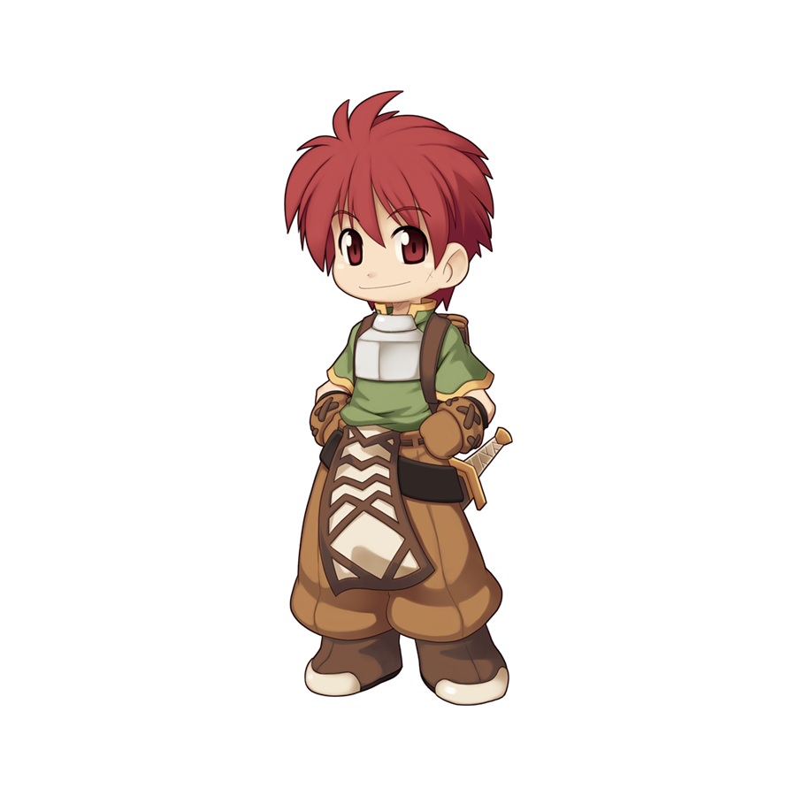 1boy backpack bag boots brown_footwear brown_gloves brown_pants chest_guard chibi closed_mouth dagger full_body gloves green_shirt hair_between_eyes hands_on_own_hips holding holding_weapon knife looking_at_viewer male_focus medium_bangs novice_(ragnarok_online) official_art pants ragnarok_online red_eyes red_hair scabbard scar scar_on_cheek scar_on_face sheath sheathed shirt short_hair simple_background smile solo standing tachi-e transparent_background weapon yuichirou