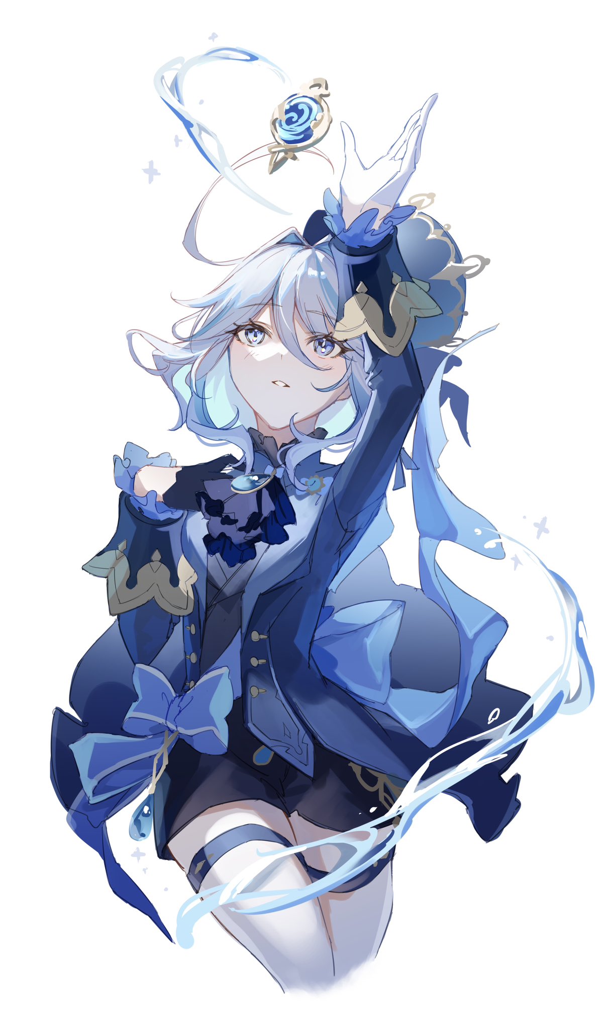 1girl :d arm_up ascot asymmetrical_gloves black_gloves black_shorts blue_ascot blue_brooch blue_eyes blue_hair blue_headwear blue_jacket blush collared_jacket cropped_legs furina_(genshin_impact) genshin_impact gloves grin hair_between_eyes hand_on_own_chest haru_same322 hat heterochromia highres jacket legs_together long_sleeves medium_hair mismatched_gloves multicolored_hair open_clothes open_hand open_jacket open_mouth outstretched_arm reaching shorts simple_background smile solo suit_jacket teeth thighhighs top_hat two-tone_hair vision_(genshin_impact) white_background white_gloves white_hair white_thighhighs
