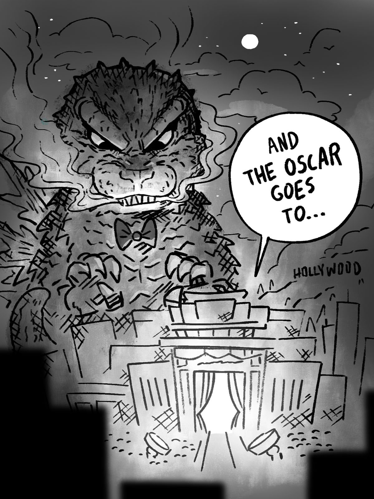 2024 4_claws academy_awards anthro black_text bow_tie ceremony claws dialogue digital_drawing_(artwork) digital_media_(artwork) english_description english_text godzilla godzilla_(series) godzilla_minus_one greyscale hi_res hollywood humor kaiju looking_down male monochrome moon night open_hand quaziesart scalie scutes sharp_teeth size_difference smoke smoke_from_mouth solo speech_bubble spotlight star teeth text toho