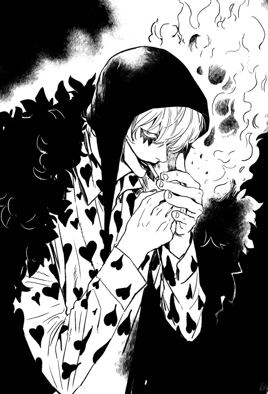 1boy burning burning_clothes chief_(chiefvinsmoke) commentary_request donquixote_rocinante feather_coat fire heart heart_print highres hood lighting_cigarette lipstick long_sleeves looking_at_viewer makeup male_focus monochrome one_piece shirt short_hair smoking solo