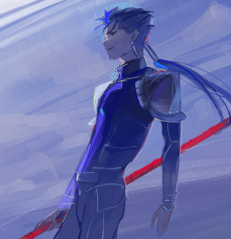 1boy armor beads blue_background blue_hair bodysuit closed_mouth cu_chulainn_(caster)_(fate) cu_chulainn_(fate) drop_earrings earrings fate/stay_night fate_(series) from_side gae_bolg_(fate) hair_beads hair_ornament holding holding_polearm holding_weapon jewelry long_hair male_focus pauldrons polearm ponytail red_eyes short_hair shoulder_armor solo spear spiked_hair standing ubwmitekure weapon