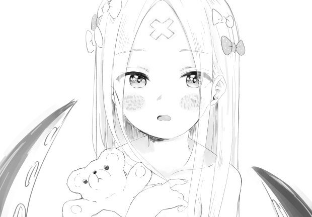 1girl abigail_williams_(fate) bandaid bandaid_on_face bandaid_on_forehead bare_shoulders blush bow crossed_bandaids fate/grand_order fate_(series) greyscale hair_bow holding holding_stuffed_toy long_hair looking_at_viewer monochrome multiple_hair_bows nekopantsu_(blt) open_mouth parted_bangs simple_background sketch solo stuffed_animal stuffed_toy teddy_bear tentacles