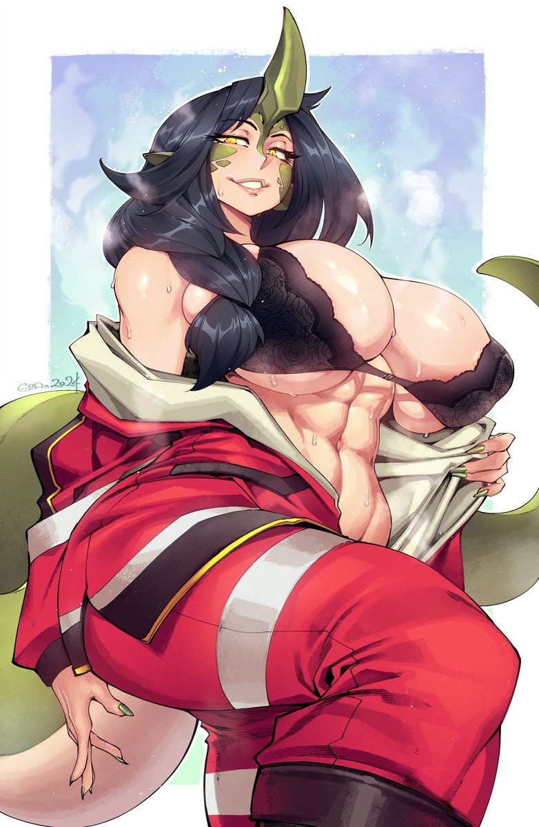 abs animal_humanoid big_breasts black_bra black_clothing black_hair black_underwear bodily_fluids bodysuit border bra breasts bulging_breasts clothing female glistening glistening_body glistening_hair gofa green_ears green_fingernails green_horn green_tail grin hair half-closed_eyes hi_res horn humanoid humanoid_pointy_ears liza_(randomtanstudio) lizard_humanoid long_tail looking_at_viewer muscular muscular_female narrowed_eyes navel not_furry open_bodysuit red_bodysuit red_skinsuit reptile reptile_humanoid scalie scalie_humanoid skindentation skinsuit smile solo standing steam sweat tail teeth thick_thighs tight_clothing underwear undressing white_border yellow_eyes