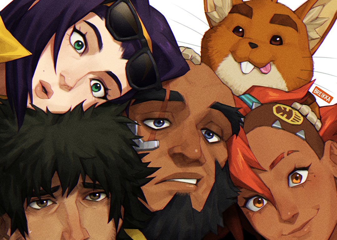 2boys 2girls artist_name ashe_(overwatch) bald beard black_hair blue_eyes breikka brown_eyes cassidy_(overwatch) cosplay cowboy_bebop dark-skinned_female dark-skinned_male dark_skin edward_wong_hau_pepelu_tivrusky_iv edward_wong_hau_pepelu_tivrusky_iv_(cosplay) ein_(cowboy_bebop) ein_(cowboy_bebop)_(cosplay) english_commentary eyewear_on_head facial_hair faye_valentine faye_valentine_(cosplay) green_eyes hairband hammond_(overwatch) jet_black jet_black_(cosplay) lips looking_at_viewer mauga_(overwatch) mole mole_under_mouth multiple_boys multiple_girls official_cosplay orange_eyes orange_hair overwatch overwatch_2 parted_lips purple_hair scar scar_across_eye sombra_(overwatch) spike_spiegel spike_spiegel_(cosplay) sunglasses yellow_eyes