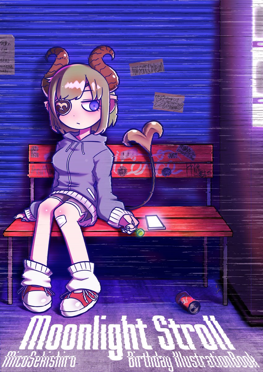 1girl bandaid bandaid_on_knee bandaid_on_leg bench blue_eyes breasts brown_horns can candy chupa_chups closed_mouth commentary_request curled_horns demon_girl demon_horns demon_tail eyepatch food full_body graffiti grey_hoodie highres holding holding_candy holding_food holding_lollipop hood hoodie horns lollipop looking_to_the_side loose_socks medium_bangs medium_breasts nanashi_inc. phone pointy_ears red_footwear same_(samerasiki) sekishiro_mico shoes short_hair sitting sneakers socks solo static tail virtual_youtuber white_socks