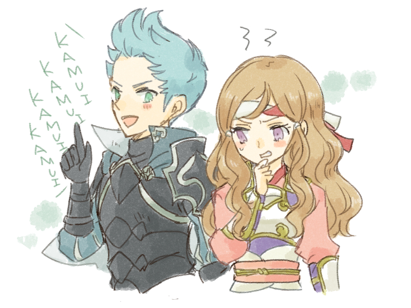 1boy 1girl armor collared_cape deqqqooon fire_emblem fire_emblem_fates green_eyes grey_hair hana_(fire_emblem) headband japanese_armor purple_eyes quiff samurai shoulder_armor silas_(fire_emblem)