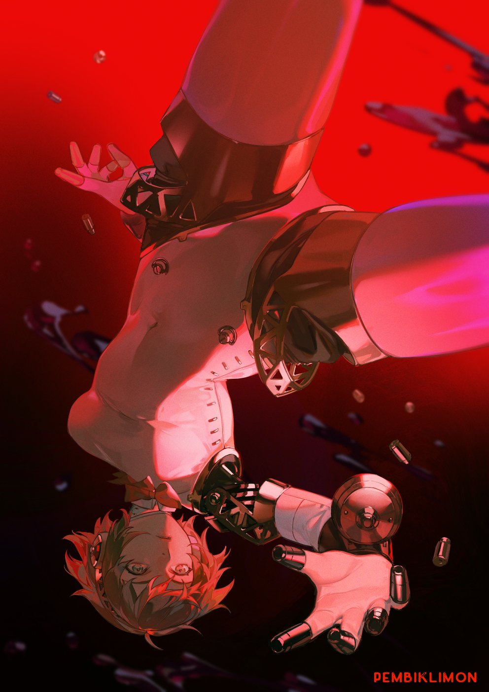 1girl aegis_(persona) ammunition android blonde_hair breasts highres joints leotard mechanical_arms medium_breasts pembiklimon persona persona_3 red_background robot_girl robot_joints short_hair solo thighhighs upside-down white_leotard white_thighhighs