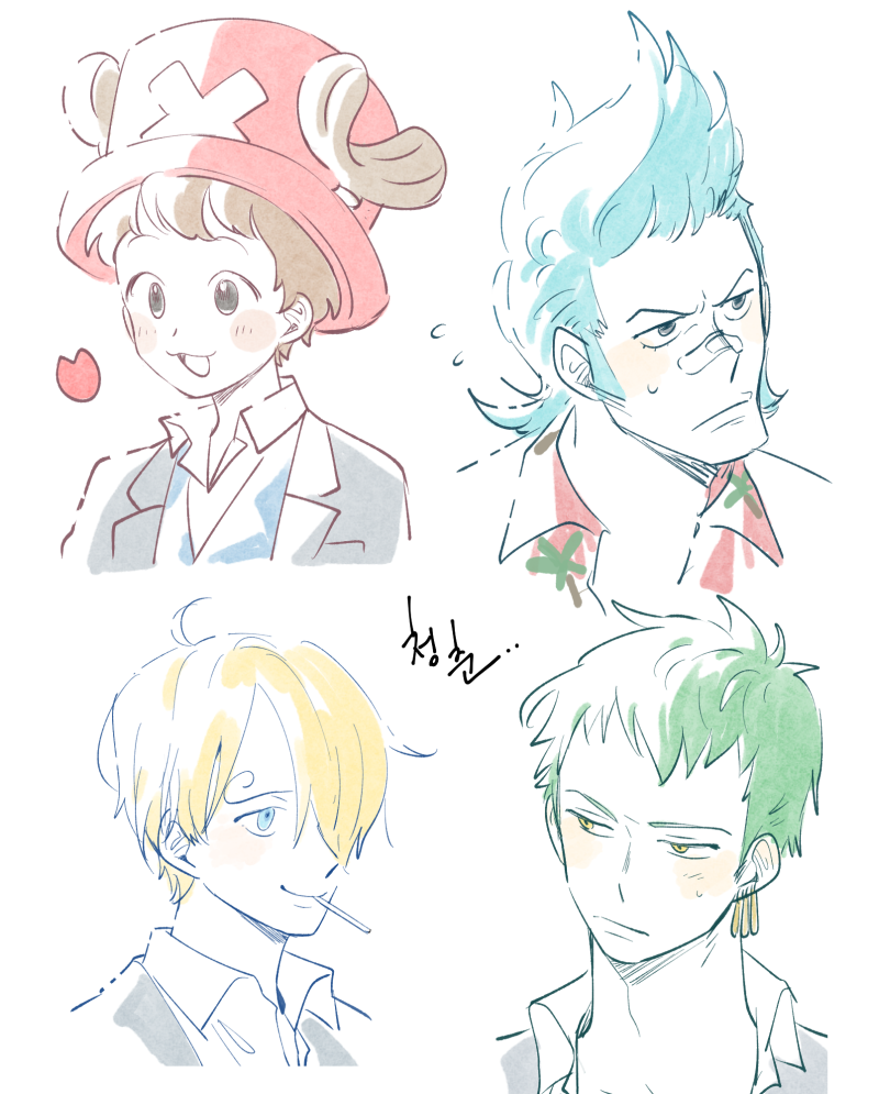 4boys :3 ahoge alternate_costume antlers bandaid bandaid_on_face bandaid_on_nose black_eyes blonde_hair blue_eyes blue_hair blush brown_hair cherry_blossoms cigarette collared_shirt commentary curly_eyebrows earrings expressionless franky_(one_piece) green_hair grey_eyes hair_over_one_eye hat hawaiian_shirt horns humanization jewelry korean_text long_bangs looking_to_the_side male_focus mob0322 multiple_boys one_piece reindeer_antlers roronoa_zoro sanji_(one_piece) school_uniform shirt short_hair sideburns single_earring smile spiked_hair suit sweat sweatdrop tony_tony_chopper translation_request uniform upper_body yellow_eyes