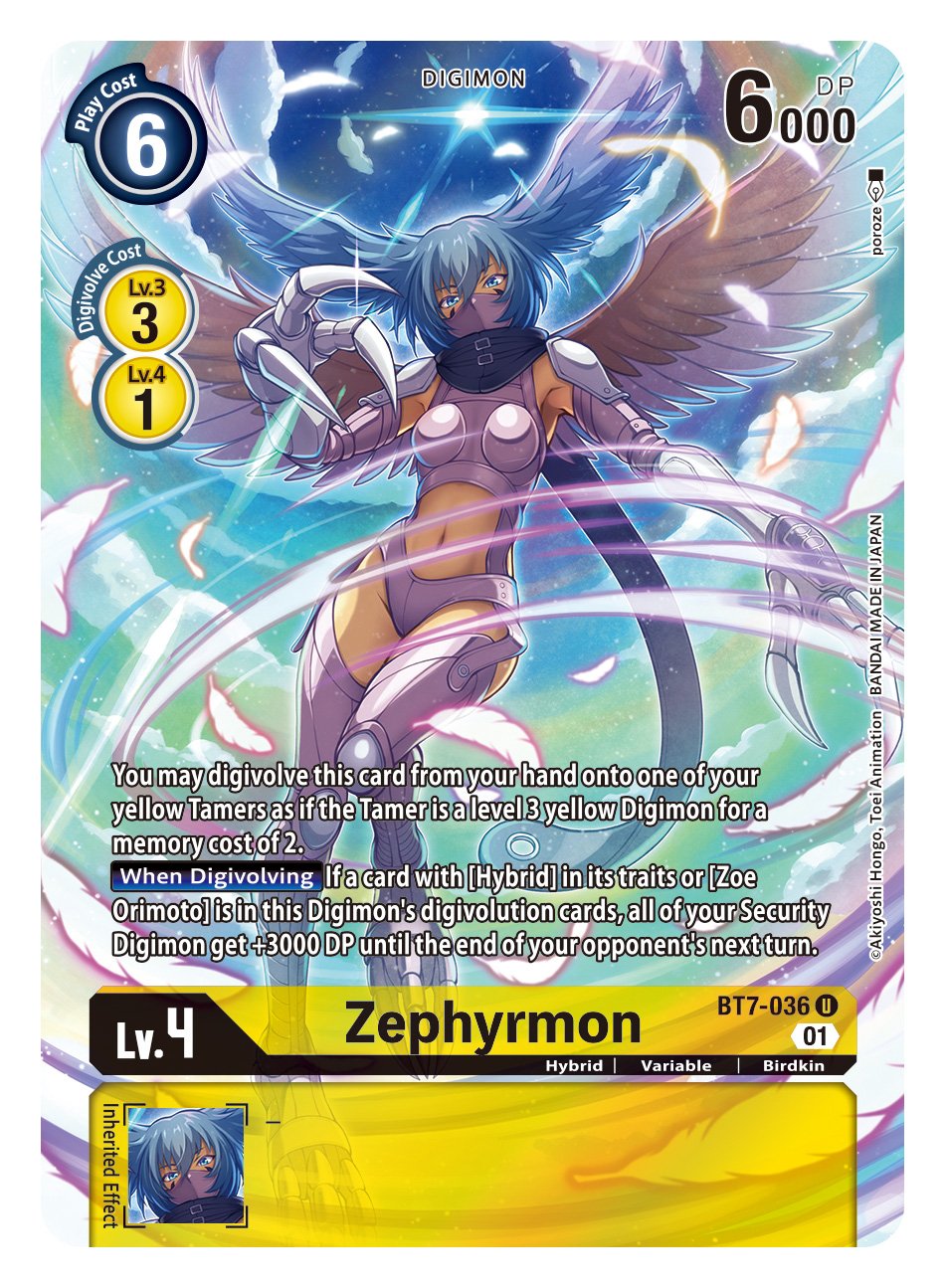 1girl black_scarf blue_eyes blue_hair blue_sky breasts card_(medium) character_name claw_(weapon) cloud cloudy_sky copyright_name digimon digimon_(creature) digimon_card_game english_commentary english_text facial_tattoo feathered_wings feathers flying glowing_feather hair_wings highres mask medium_breasts mouth_mask ninja_mask official_art poroze scarf short_hair shutumon sidelocks sky solo tattoo trading_card weapon wings