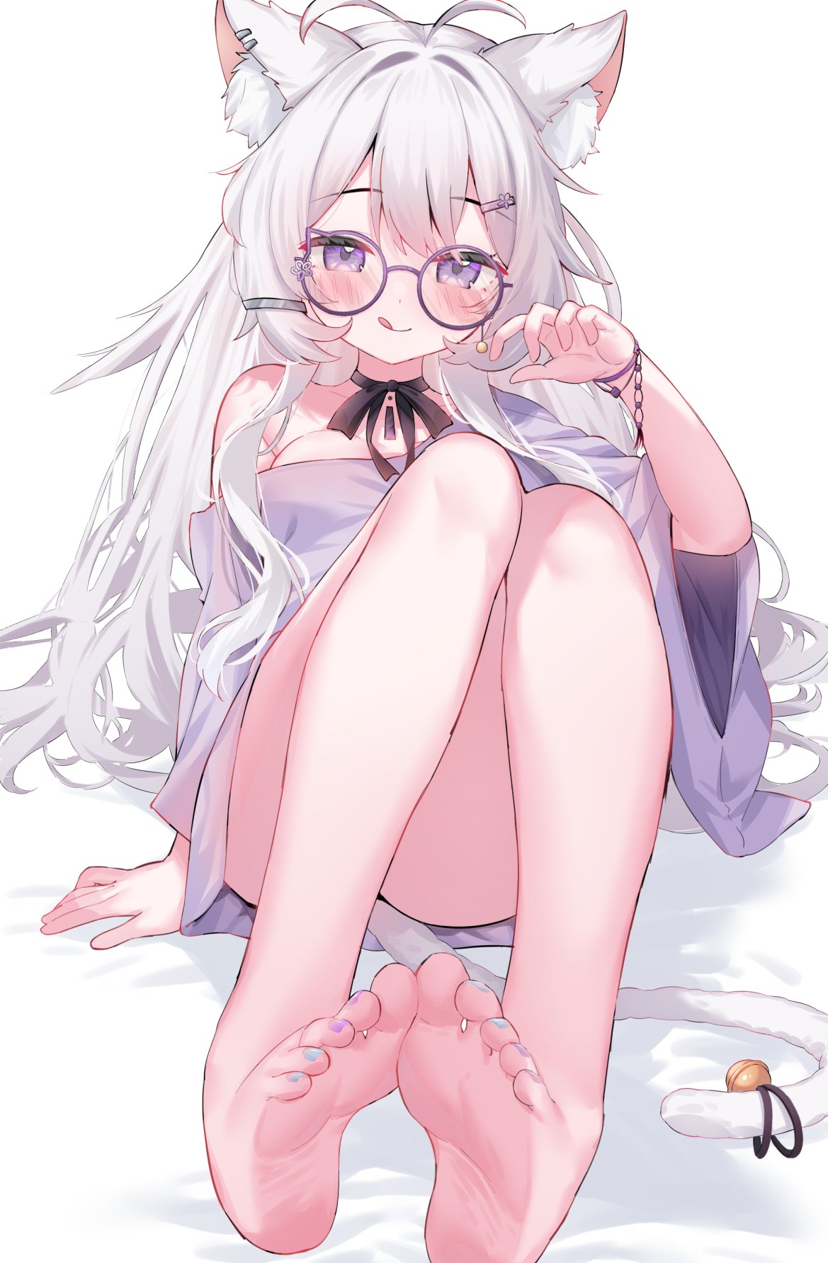 1girl :q animal_ears antenna_hair arm_at_side barefoot black_ribbon blush breasts cat_ears cat_girl cat_tail character_request cleavage closed_mouth copyright_request dot_nose dress eip_(pepai) feet foot_focus full_body glasses grey_hair hand_up highres large_breasts legs_together long_hair neck_ribbon off_shoulder purple-framed_eyewear purple_dress purple_eyes ribbon round_eyewear short_dress sidelocks smile soles solo tail thighs toes tongue tongue_out