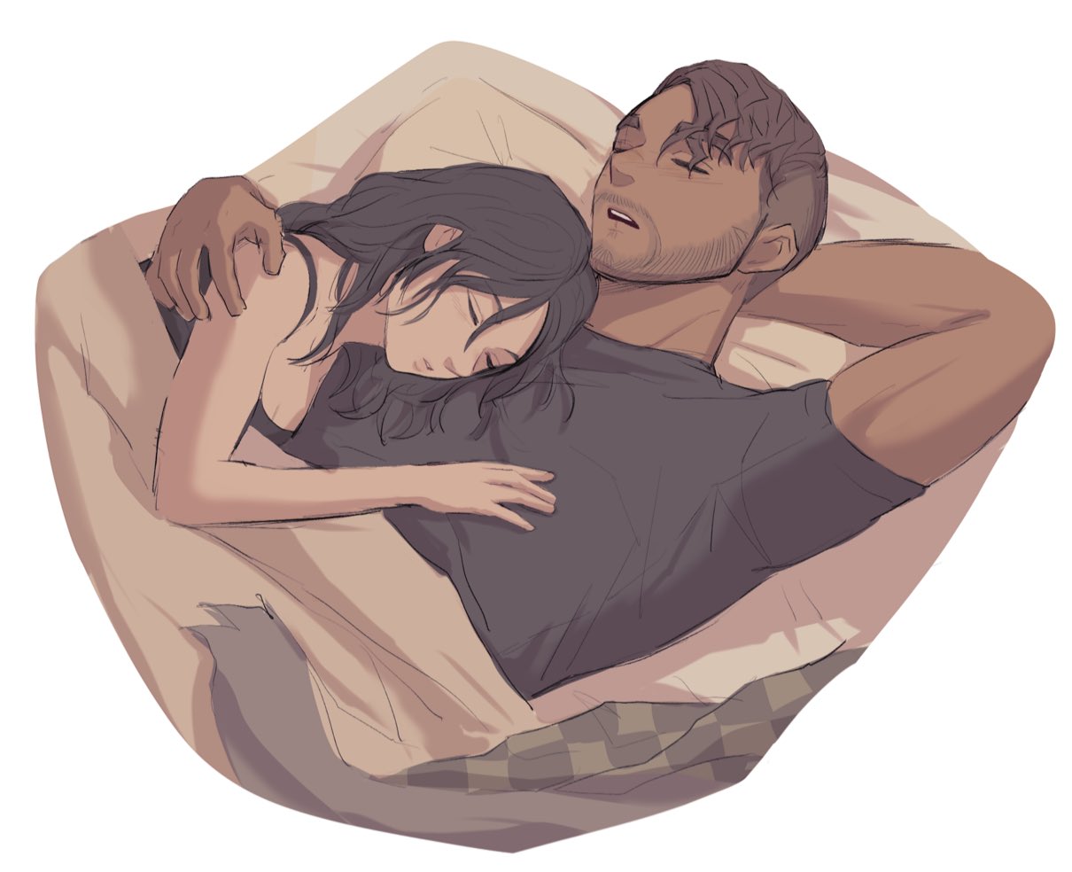 1boy 1girl animification apex_legends black_camisole black_hair breasts brown_hair camisole checkered_clothes checkered_scarf cleavage closed_eyes english_commentary facial_hair goatee green_scarf hand_on_another's_shoulder hetero long_hair mirage_(apex_legends) open_mouth pillow pipa_(1pgjsf1) scarf sleeping under_covers unworn_scarf wraith_(apex_legends)