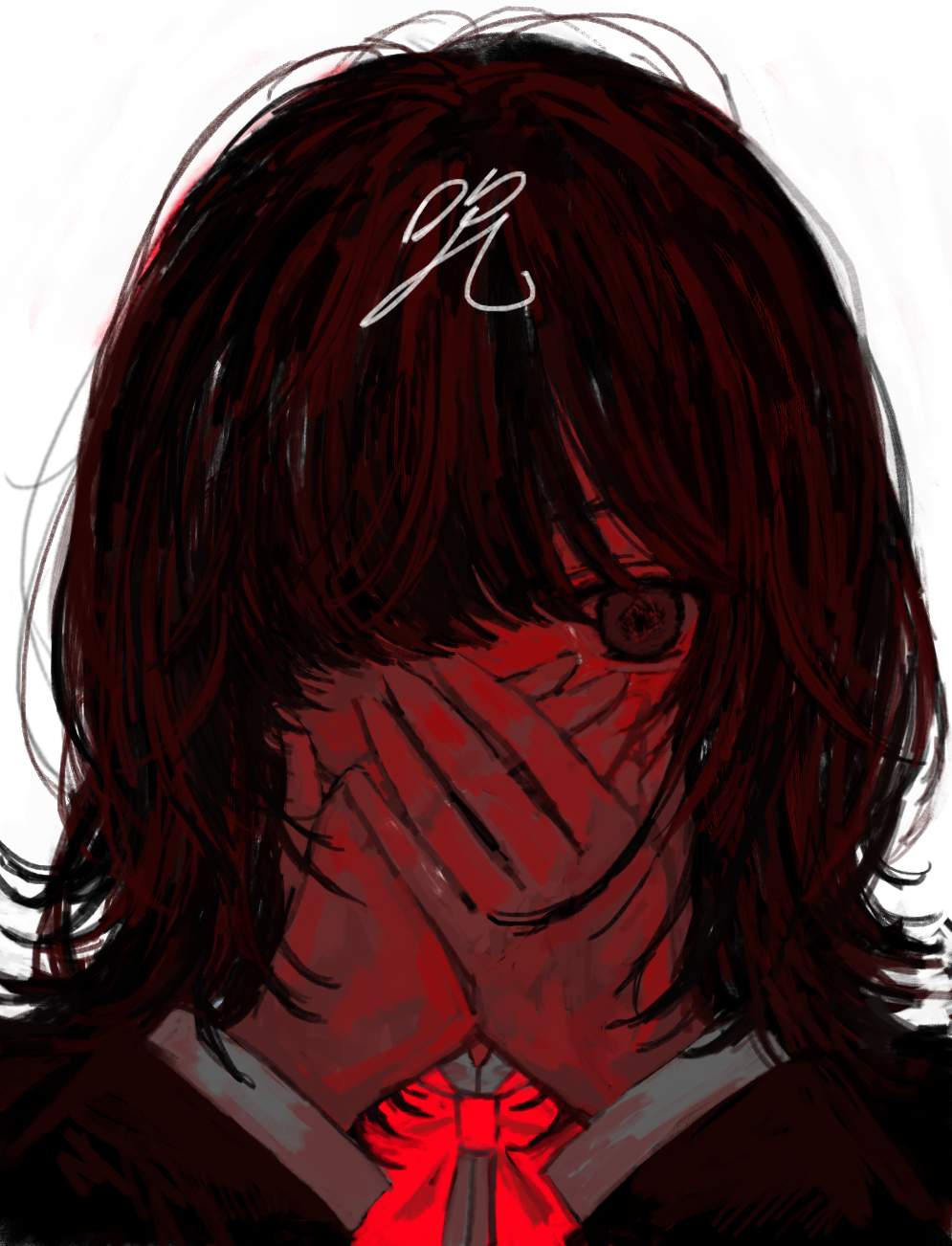 1girl bow bowtie covered_mouth covering_own_mouth hair_over_one_eye highres looking_at_viewer medium_hair monochrome noroi_(rnatataki) one_eye_covered original portrait red_bow red_bowtie red_theme simple_background solo straight-on translation_request white_background