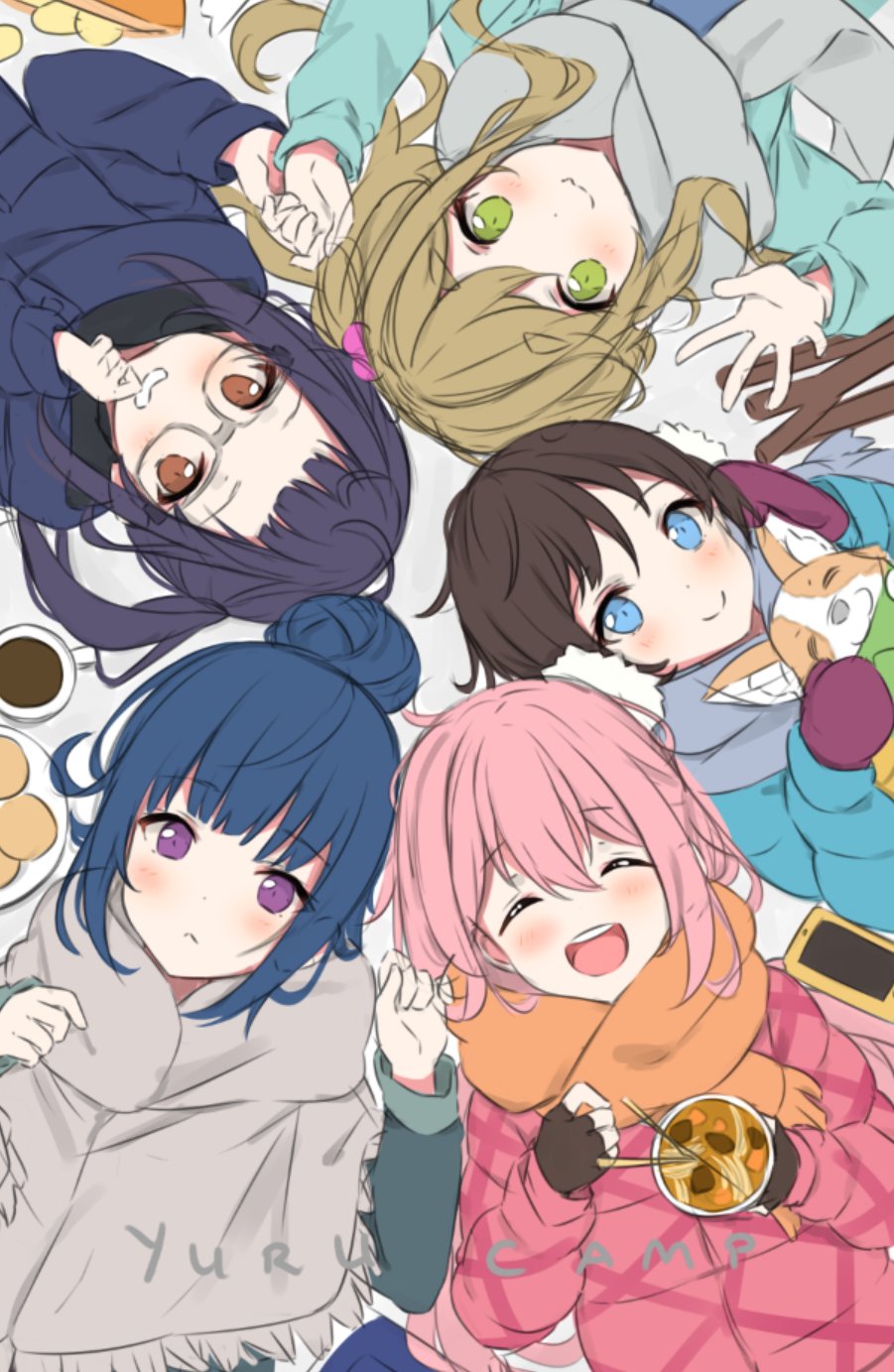 5girls :d ^_^ animal bag_of_chips black_hair blue_hair blue_jacket blue_shirt blush brown_hair brown_scarf cellphone chikuwa_(yurucamp) chips chopsticks circle_formation closed_eyes closed_mouth commentary copyright_name cup_ramen dog english_commentary facing_viewer firewood food fringe_trim green_eyes grey_scarf hair_bun highres hitsukuya holding inuyama_aoi jacket kagamihara_nadeshiko long_sleeves looking_at_viewer lying multiple_girls on_back oogaki_chiaki phone pink_hair pink_jacket potato_chips purple_eyes saitou_ena scarf shima_rin shirt short_eyebrows smile thick_eyebrows upper_body yurucamp