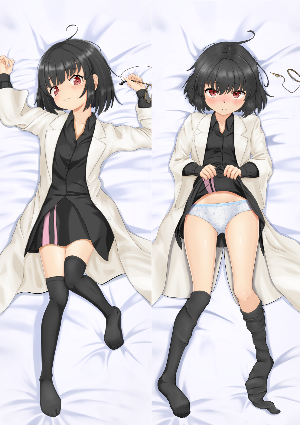 1girl ahoge bed_sheet black_hair black_lilith_(sentouin_hakenshimasu!) black_shirt black_skirt black_thighhighs blush bob_cut breasts closed_mouth clothes_lift coat collared_shirt commentary commission dakimakura_(medium) double_vertical_stripe dress_shirt hands_up highres holding holding_removed_eyewear knees_together_feet_apart lab_coat lifted_by_self long_coat long_sleeves loose_hair_strand lying messy_hair monocle multiple_views nose_blush on_back open_clothes open_coat paid_reward_available panties pink_skirt print_panties raised_eyebrows red_eyes sentouin_hakenshimasu! shirt short_hair skeb_commission skirt skirt_lift small_breasts solo_focus tanakaminos thigh_gap thighhighs thighhighs_pull underwear unworn_eyewear white_coat white_panties wide_sleeves