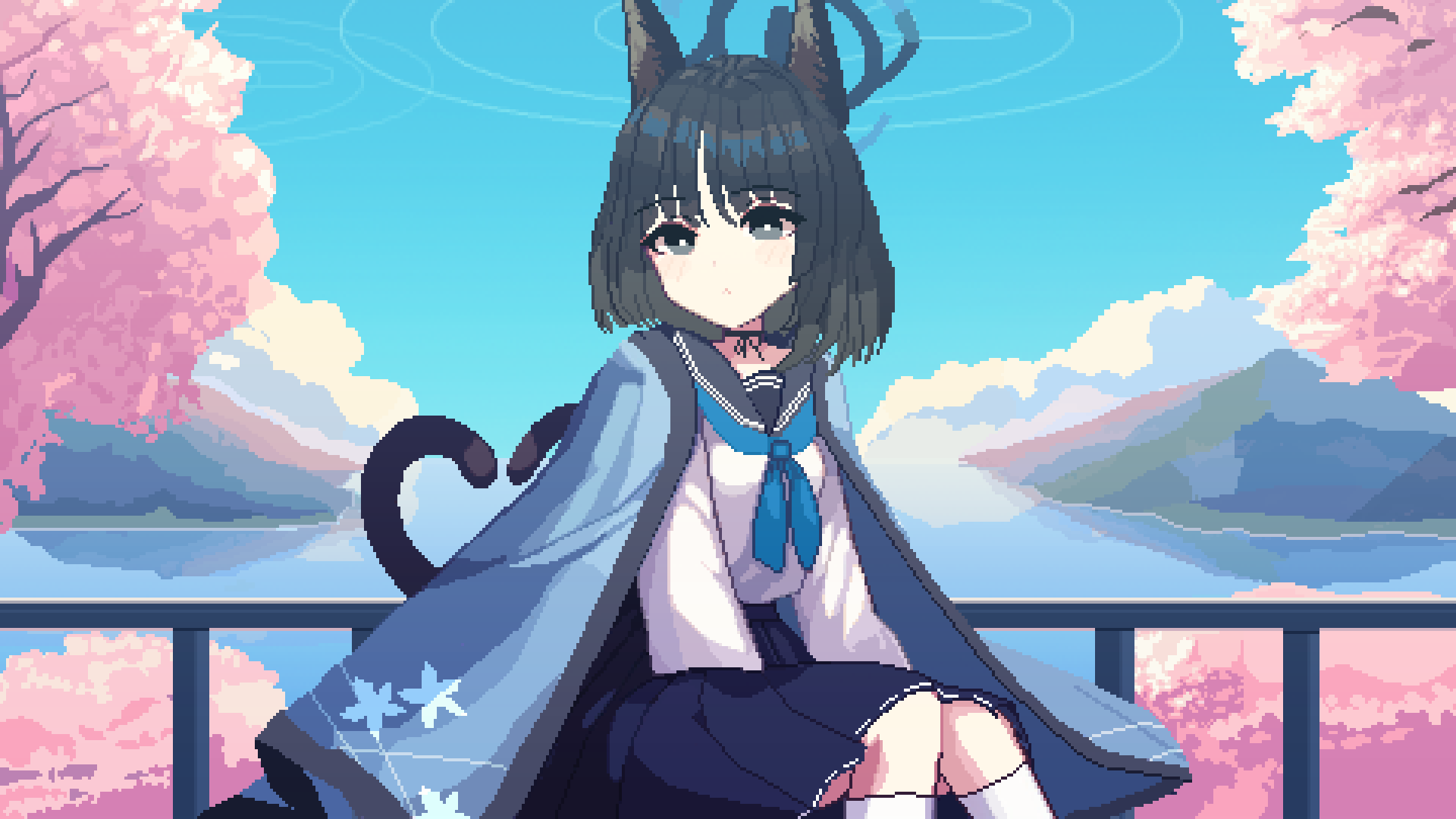 1girl animal_ears black_choker black_eyes black_hair black_sailor_collar black_skirt blue_archive blue_halo blue_neckerchief blue_sky bright_pupils cat_ears cat_girl cat_tail cherry_blossoms choker cloud commentary_request halo highres kikyou_(blue_archive) kimono_on_shoulders lake looking_at_viewer medium_hair mountain multiple_tails neckerchief outdoors pixel_art pleated_skirt ribbon_choker sailor_collar school_uniform serafuku sitting skirt sky socks solo tail tinia_etru two_tails white_pupils white_serafuku white_socks