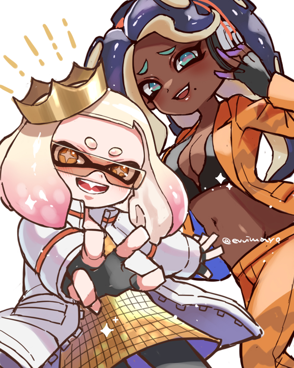 2girls aqua_eyes artist_name black_gloves blue_hair breasts bright_pupils cephalopod_eyes cleavage crop_top crown dark-skinned_female dark_skin eyelashes fingerless_gloves furrowed_brow gloves gradient_hair headphones highres inkling jacket large_breasts long_hair looking_at_viewer marina_(splatoon) medium_hair mole mole_under_mouth multicolored_hair multiple_girls navel octoling open_clothes open_jacket open_mouth orange-tinted_eyewear orange_pants orange_suit outstretched_arms pants pearl_(splatoon) pink_hair reaching reaching_towards_viewer red_pupils shina_shina simple_background smile splatoon_(series) splatoon_3 splatoon_3:_side_order star-shaped_pupils star_(symbol) sunglasses symbol-shaped_pupils teeth tentacle_hair thick_eyebrows tinted_eyewear twitter_username two-tone_hair white_background white_hair white_jacket white_pupils yellow_headwear