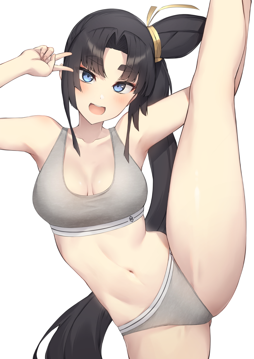 1girl :d alternate_costume black_hair blue_eyes blush breasts commentary_request fate/grand_order fate_(series) highres long_hair looking_at_viewer medium_breasts navel parted_bangs pinta_(ayashii_bochi) revision shiny_skin side_ponytail smile solo sports_bra sports_panties standing standing_on_one_leg teeth thighs underwear upper_teeth_only ushiwakamaru_(fate) v very_long_hair white_background white_sports_bra