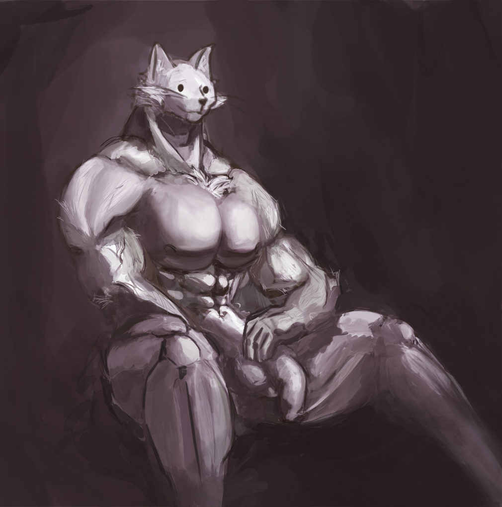 abs anthro biceps big_muscles black_and_white domestic_cat drakei felid feline felis flaccid fur genitals male mammal monochrome muscular muscular_male penis sitting sitting_on_ground solo tuft white_body white_fur