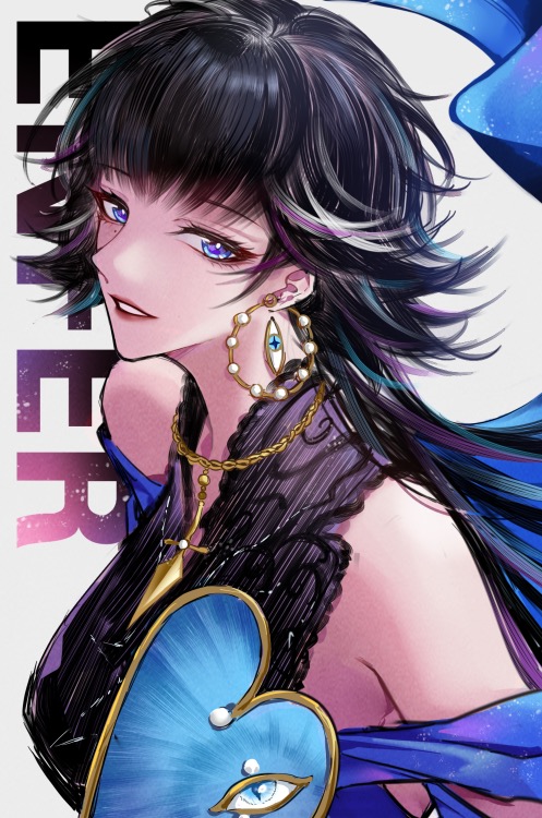 1girl bare_shoulders black_hair blue_dress blue_eyes breasts character_name chinese_commentary commentary dress earrings enfer_(path_to_nowhere) eye_symbol from_side gold_necklace guapihuang833 hoop_earrings jewelry large_breasts long_hair looking_at_viewer looking_to_the_side mole mole_under_eye multicolored_hair necklace parted_lips path_to_nowhere sideways_glance sleeveless sleeveless_dress solo streaked_hair sword_necklace upper_body