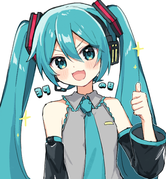 1girl 39 :d akikan_sabago bare_shoulders black_sleeves blue_eyes blue_hair blue_necktie blush collared_shirt detached_sleeves dot_nose frilled_shirt frills grey_shirt hair_between_eyes hand_up hatsune_miku head_tilt headset long_sleeves looking_at_viewer microphone miku_day necktie open_mouth shirt simple_background sleeveless sleeveless_shirt smile solo sparkle thumbs_up twintails v-shaped_eyebrows vocaloid white_background