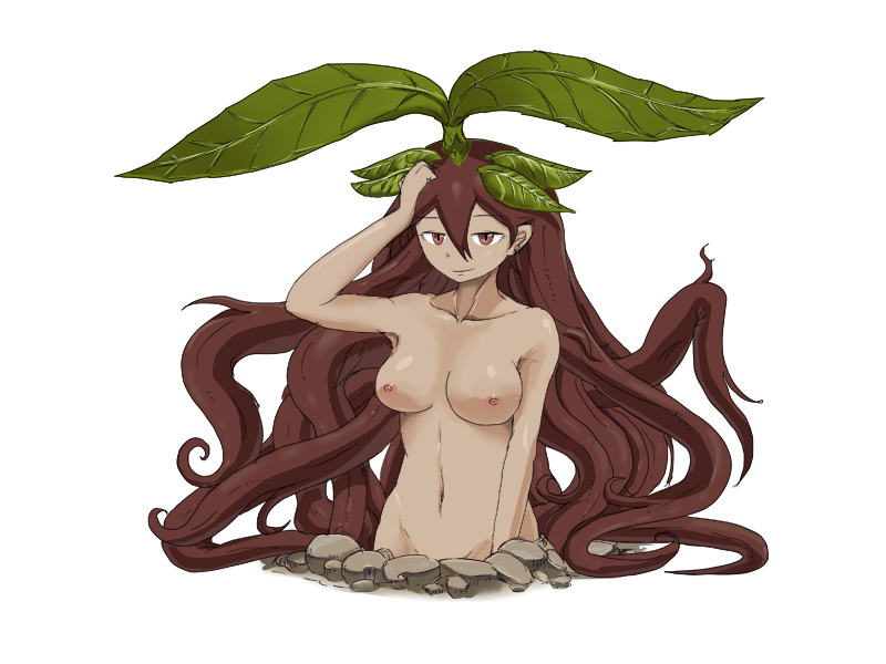 1girl bmp-to-png_conversion breasts brown_eyes brown_hair burrowing closed_mouth collarbone completely_nude convenient_censoring dark-skinned_female dark_skin dirt game_cg hair_between_eyes hair_ornament hand_on_own_head hand_up large_breasts leaf leaf_hair_ornament leaf_on_head light_smile long_hair looking_at_viewer mon-musu_quest! monster_girl navel nipples non-web_source nude plant_hair ragora_(mon-musu_quest!) roots setouchi_(blackse) simple_background solo transparent_background upper_body very_long_hair