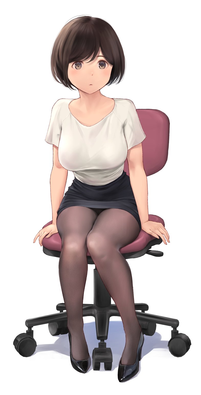 1girl black_footwear black_pantyhose black_skirt breasts brown_eyes brown_hair closed_mouth commentary_request full_body highres large_breasts office_lady on_chair original pantyhose pencil_skirt shirt short_hair short_sleeves sitting skirt solo swivel_chair wa_(genryusui) white_background white_shirt