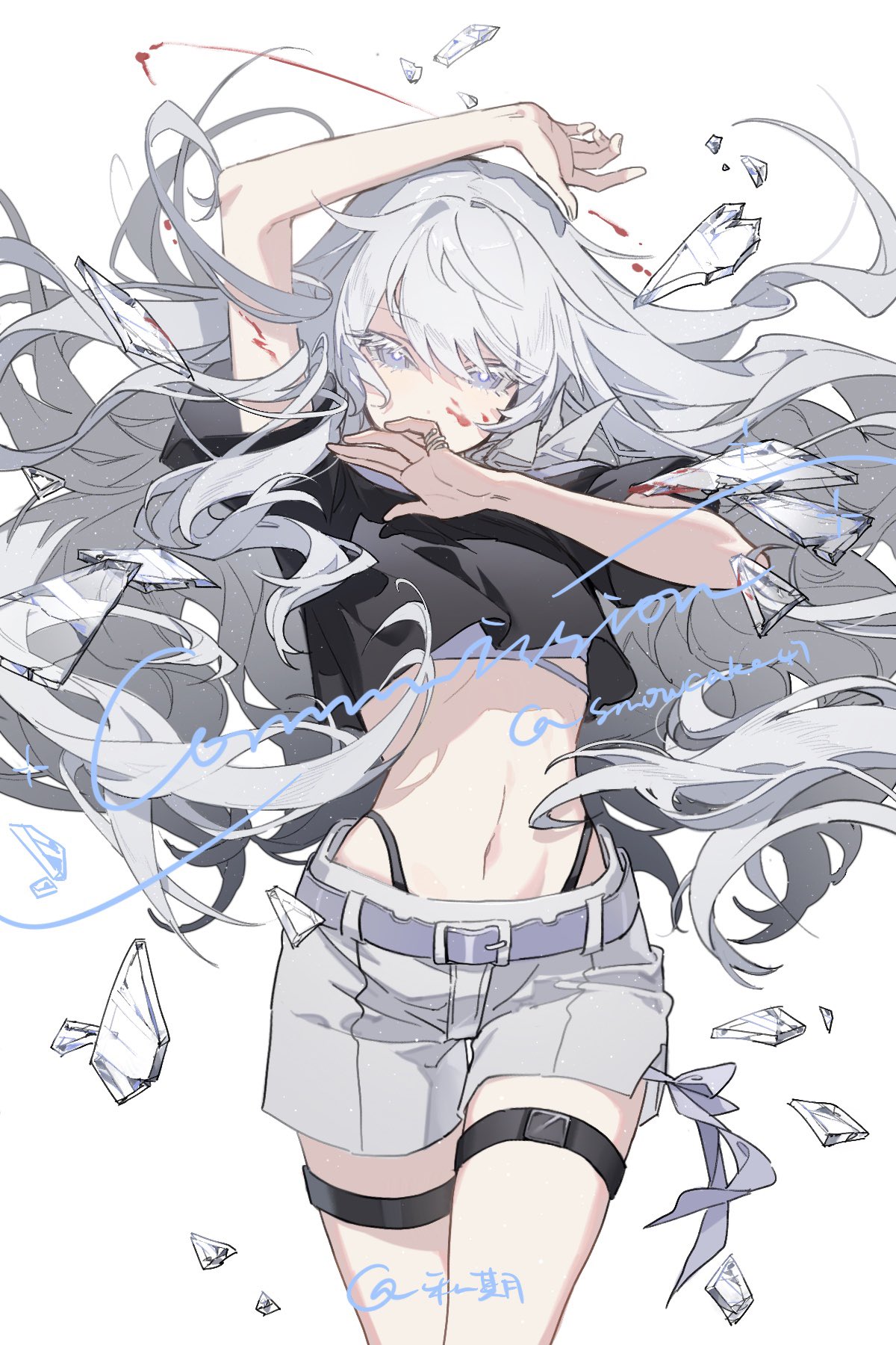 1girl arm_up belt black_shirt blood blood_on_face bright_pupils commission covering_own_mouth cowboy_shot crop_top cropped_shirt floating_hair glass_shards grey_eyes grey_hair grey_shorts hand_over_own_mouth highleg highres jewelry long_hair looking_at_viewer midriff navel original purple_belt purple_eyes ring shirt short_shorts short_sleeves shorts simple_background snowcake47 solo thigh_strap twitter_username underwear very_long_hair watermark white_background white_pupils